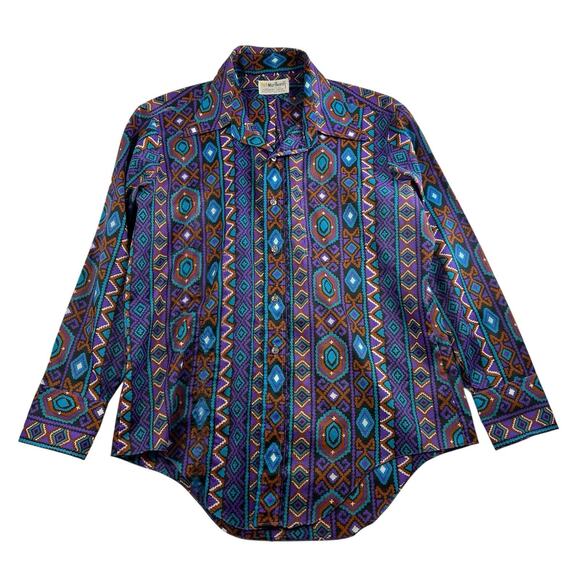 Vtg Marlboro L 16 16.5 Shirt Western Cowboy Aztec Southwest Permanent Press Mens - Picture 1 of 9